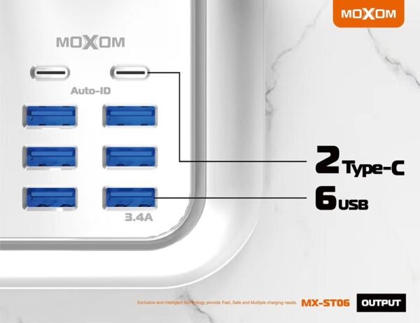 MOXOM Power Socket 6 USB Ports 2 Type C PD Charger Extension - (2 Meters Cord) - Image 9