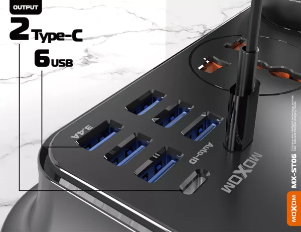 MOXOM Power Socket 6 USB Ports 2 Type C PD Charger Extension - (2 Meters Cord) - Image 6