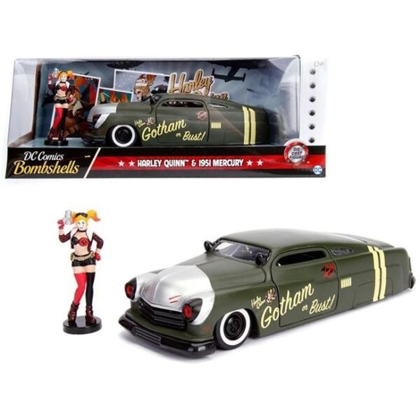 1951 Mercury Matt Green with Harley Quinn Diecast Figurine DC Comics Bombshells" Series 1/24 Diecast Model Car by Jada